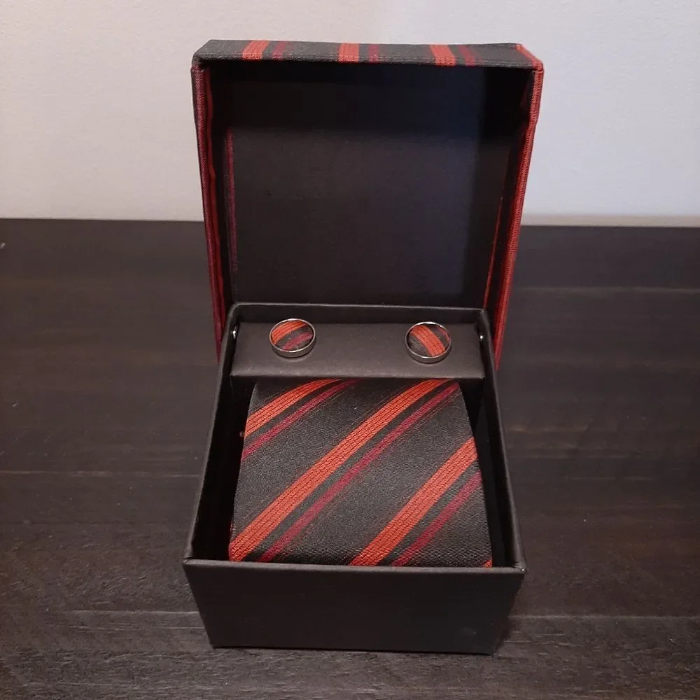 💠3-Pc Boxed Gift Tie Set Coordinated Print Cuff Links Pocket Square